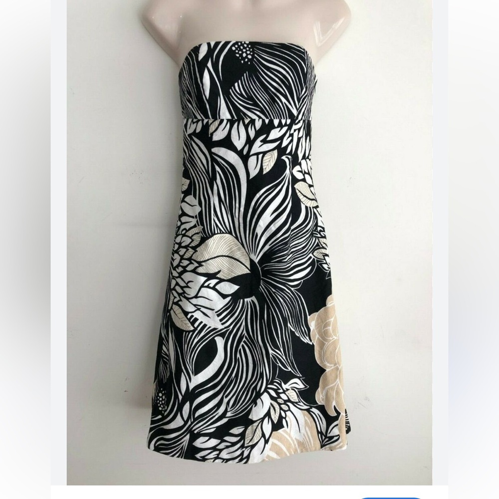 Ann Taylor Strapless Black White and Beige Floral Dress